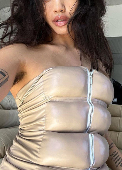Khaki Cold Shoulder Zipper Strapless Vest