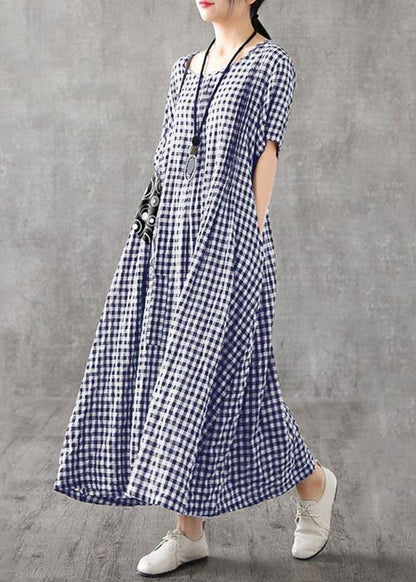 Blue Plaid Linen Dresses Summer Cotton Dress