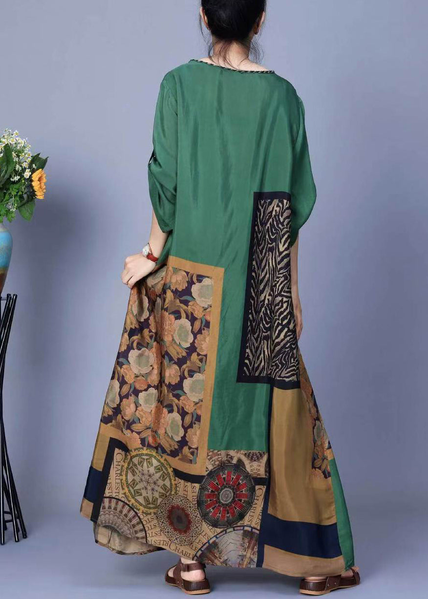 Green Print Pockets Silk Maxi Dresses Spring