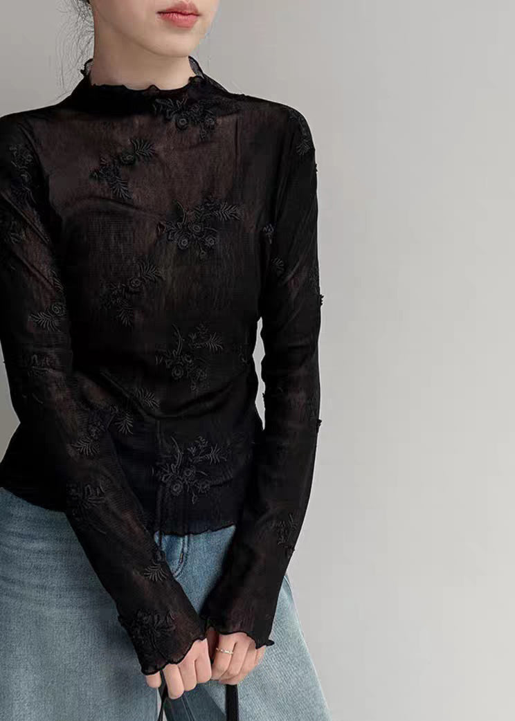 Black Stand Collar Patchwork Tulle Shirts Spring