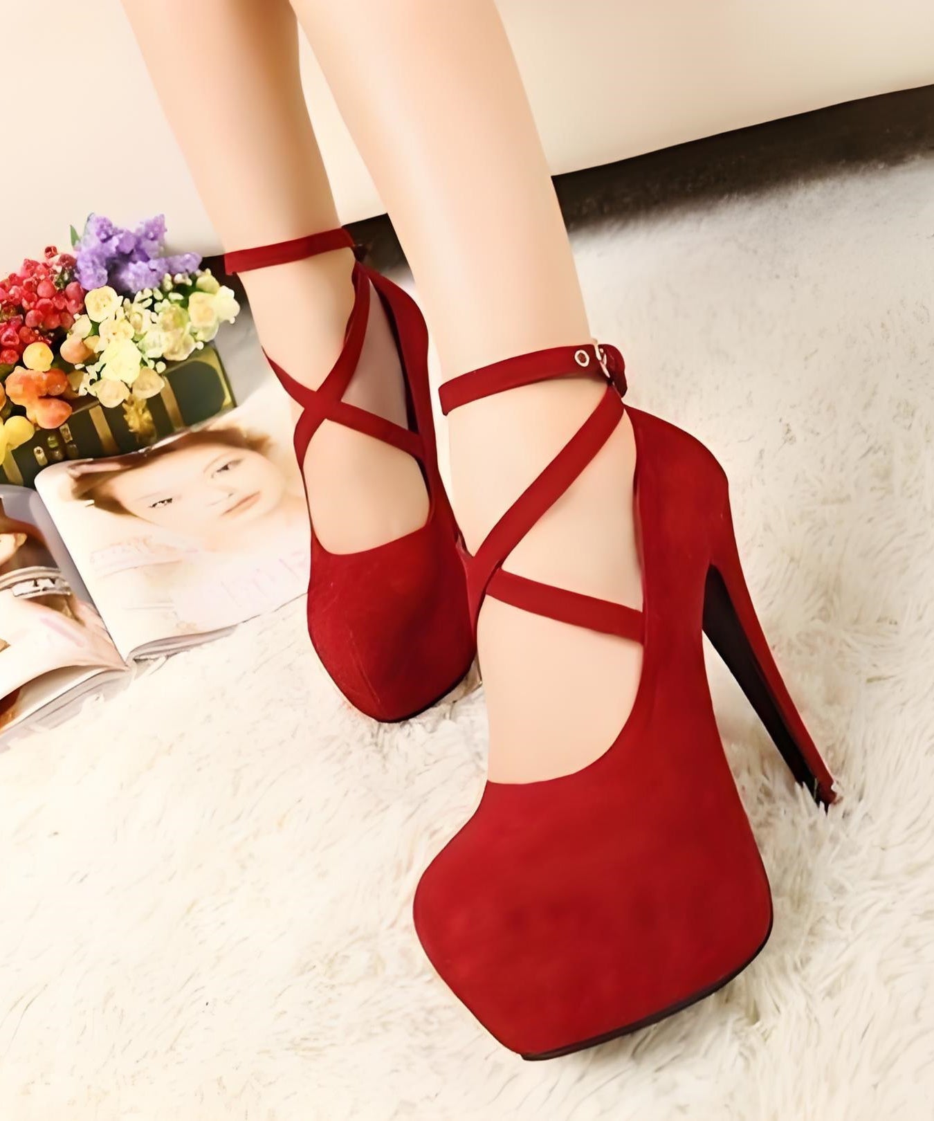 Black High Heels Stiletto Suede Boutique Splicing Buckle Strap