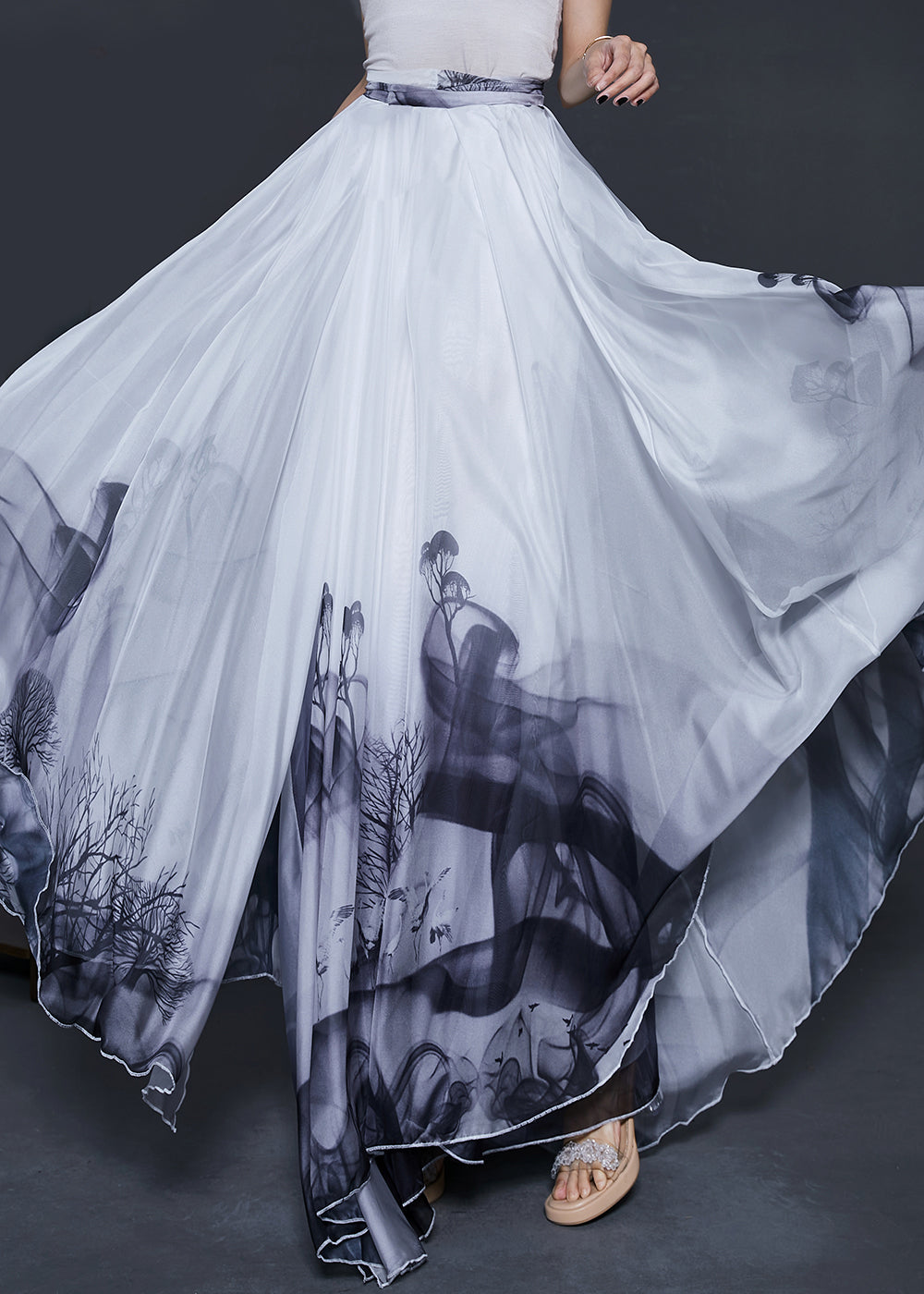 White Ink and Wash Exra Large Hem Chiffon Dance Skirts Summer