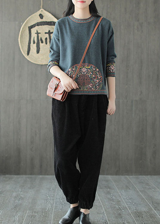 Blue Green O-neck Jacquard Fall Knit Sweater