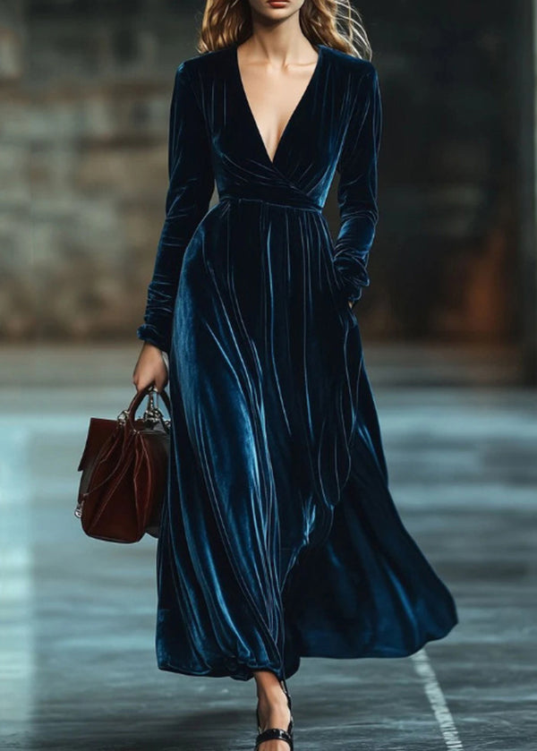 Blue V Neck Patchwork Velvet Long Dresses Fall