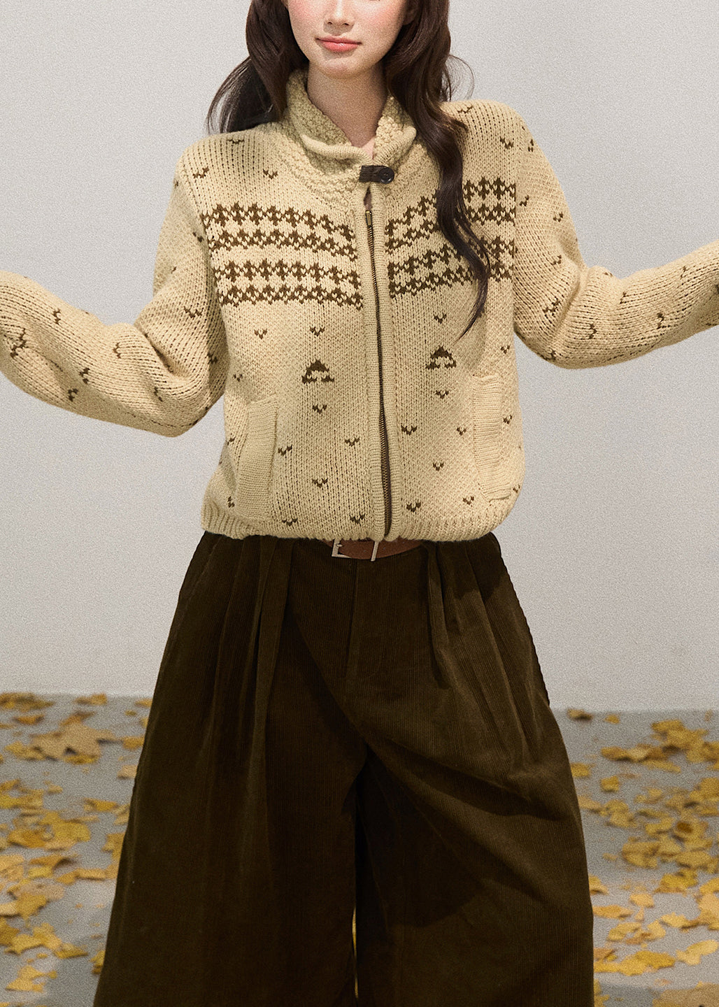 Khaki Stand Collar Zippered Knit Jackets Fall