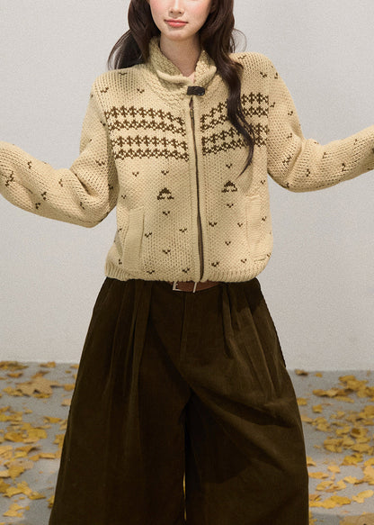 Khaki Stand Collar Zippered Knit Jackets Fall