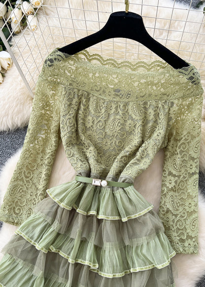 Green Slash Neck Ruffled Patchwork Lace Party Dress Spring
