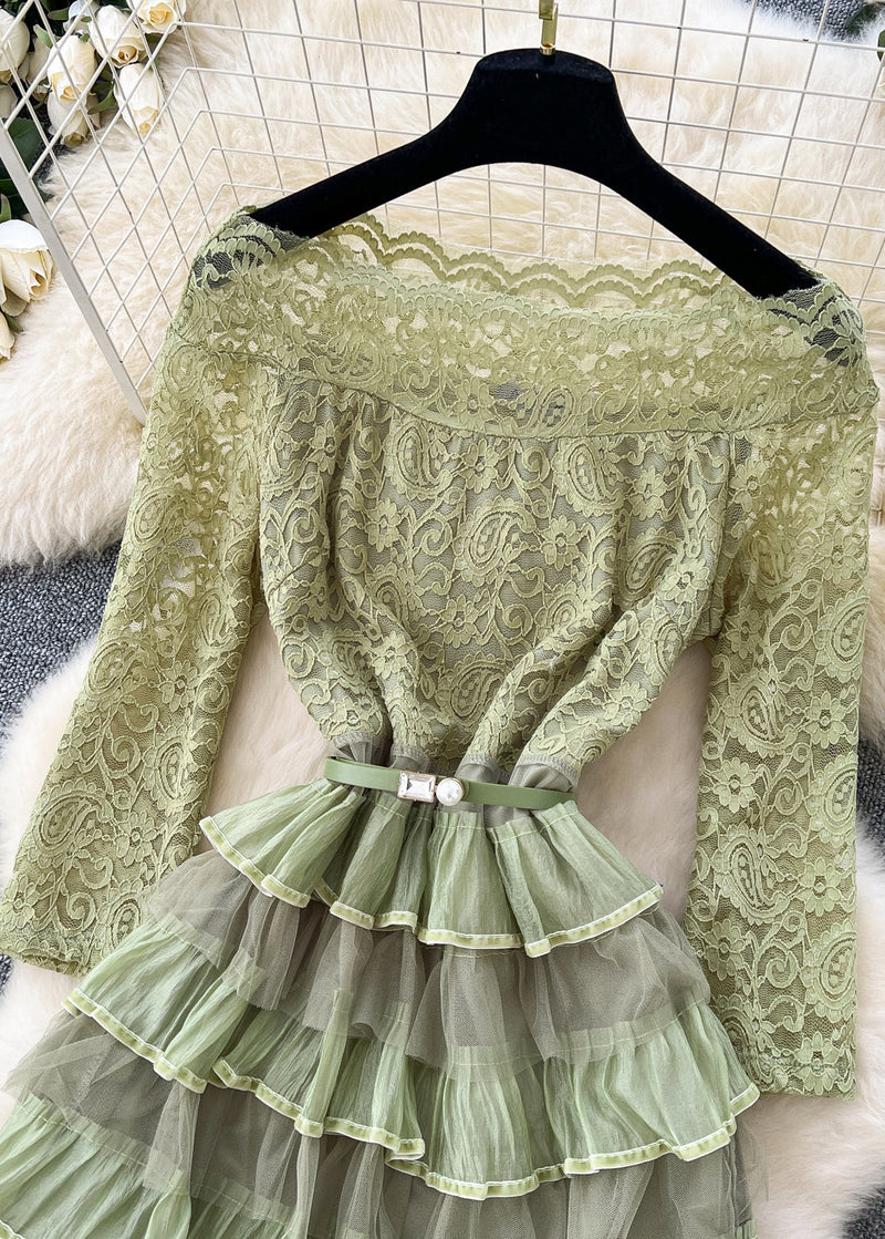 Green Slash Neck Ruffled Patchwork Lace Party Dress Spring