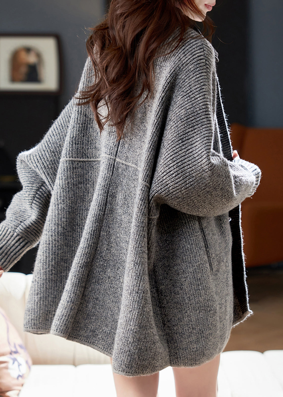 Grey Denim Patchwork Pockets Cotton Knit Cardigans Lantern Sleeve