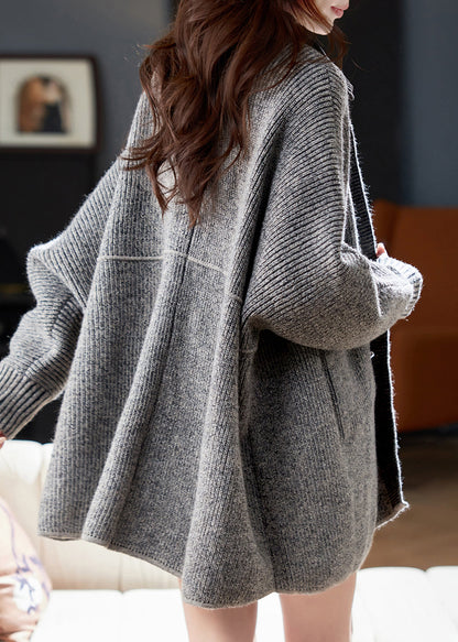 Grey Denim Patchwork Pockets Cotton Knit Cardigans Lantern Sleeve