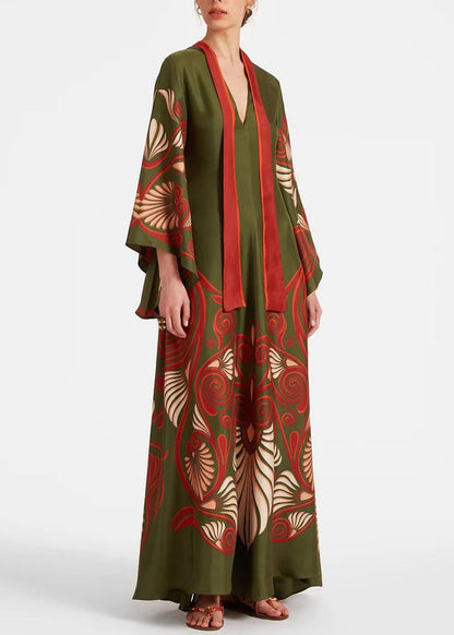 White Print Wear on Both Sides Silk Maxi Dresses Bracelet Sleeve