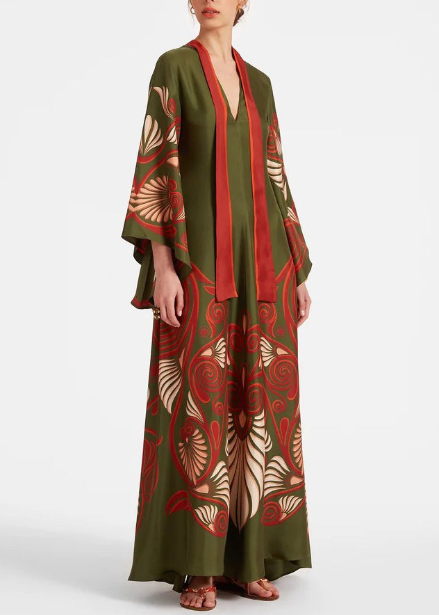 White Print Wear on Both Sides Silk Maxi Dresses Bracelet Sleeve
