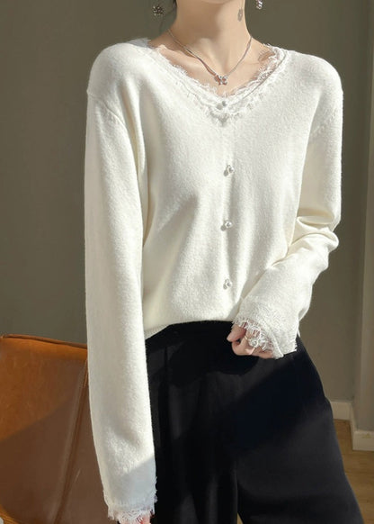 French White O-neck Lace Patchwork Cotton Knit Sweater Fall