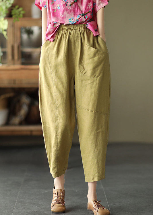 Mustard Yellow Elastic Waist Pockets Linen Harem Pants Summer