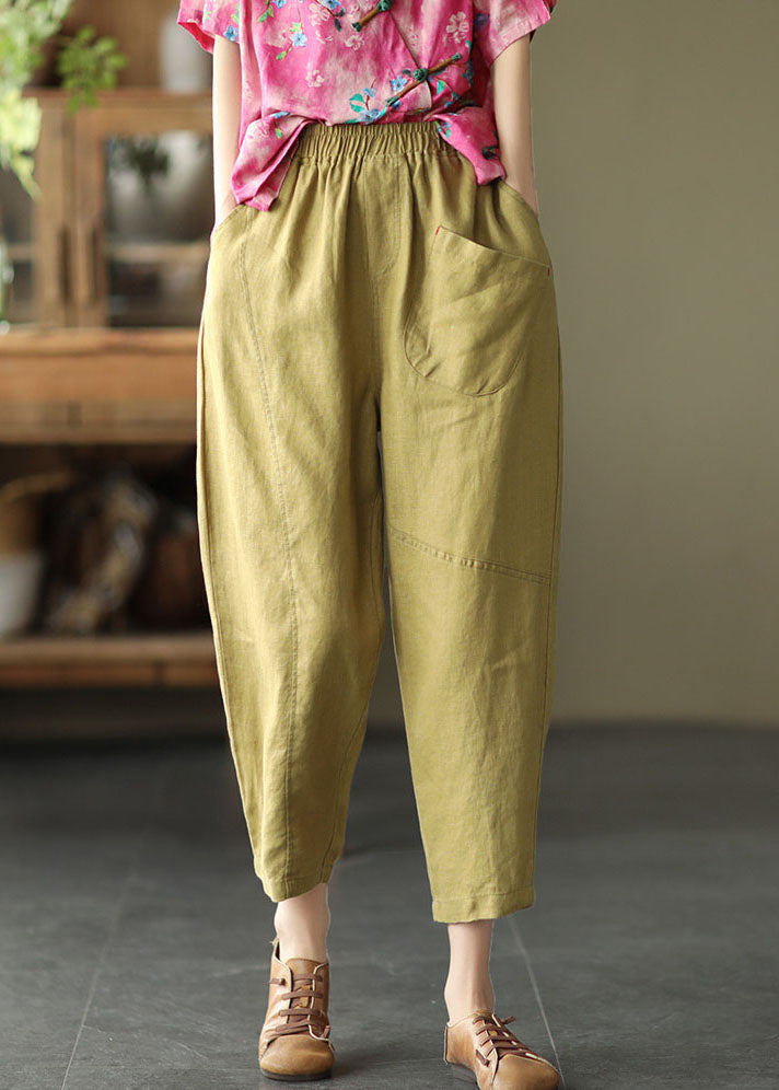Mustard Yellow Elastic Waist Pockets Linen Harem Pants Summer