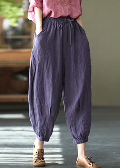 Purple Linen Beam Pants Elastic Waist Wrinkled Summer