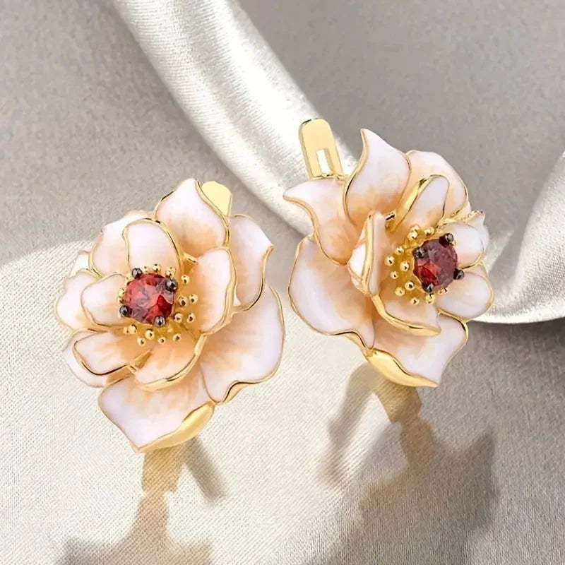 White Enamel Blossom Gold Earrings
