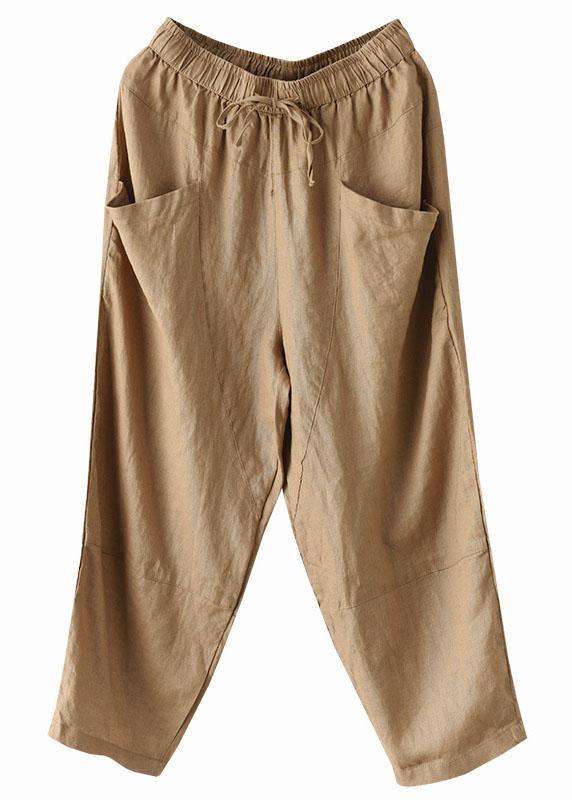 Art Black Flower Tie Waist Pockets Summer Harem Pants Linen