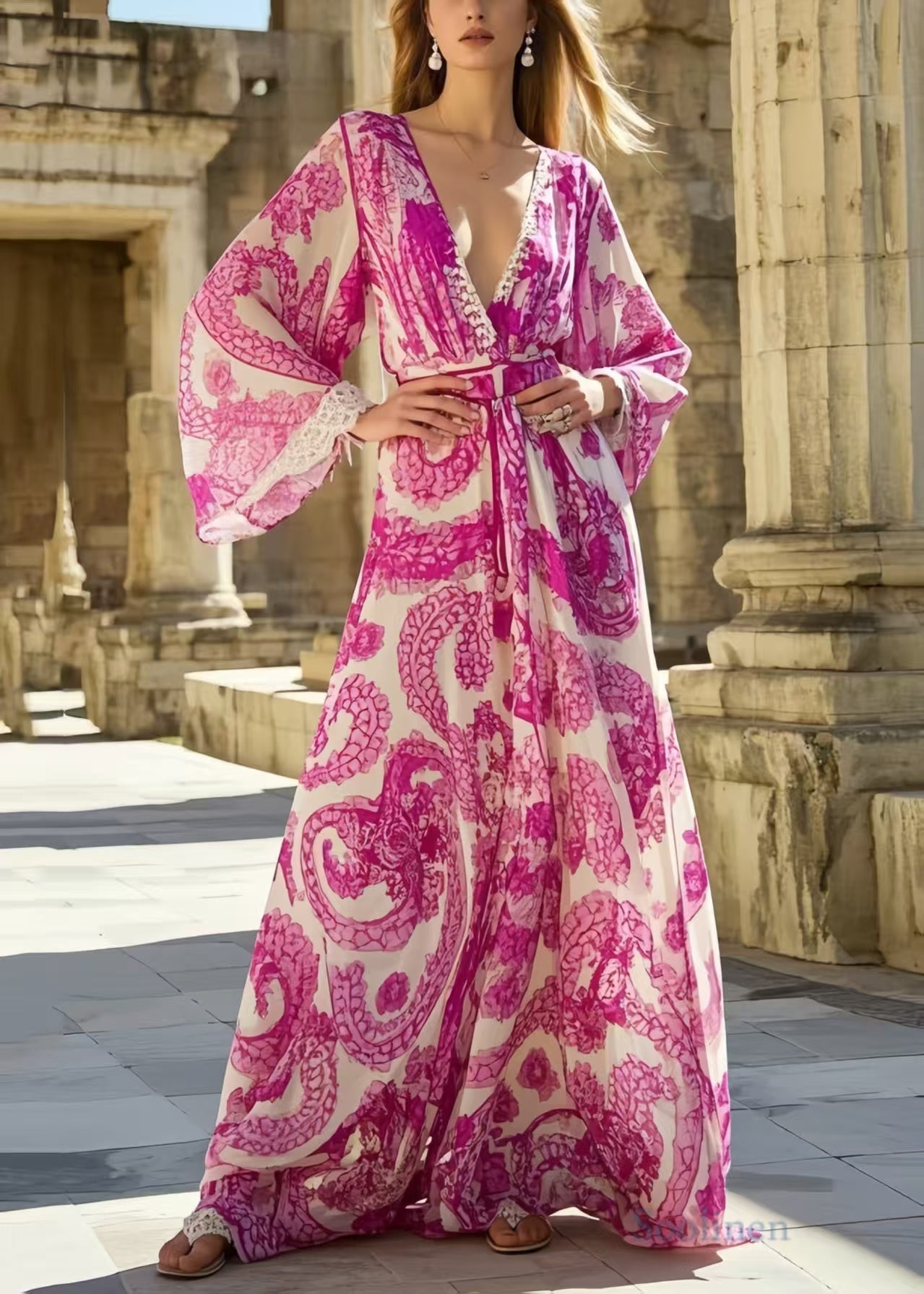 Rose Print Exra Large Hem Chiffon Vacation Dresses Spring
