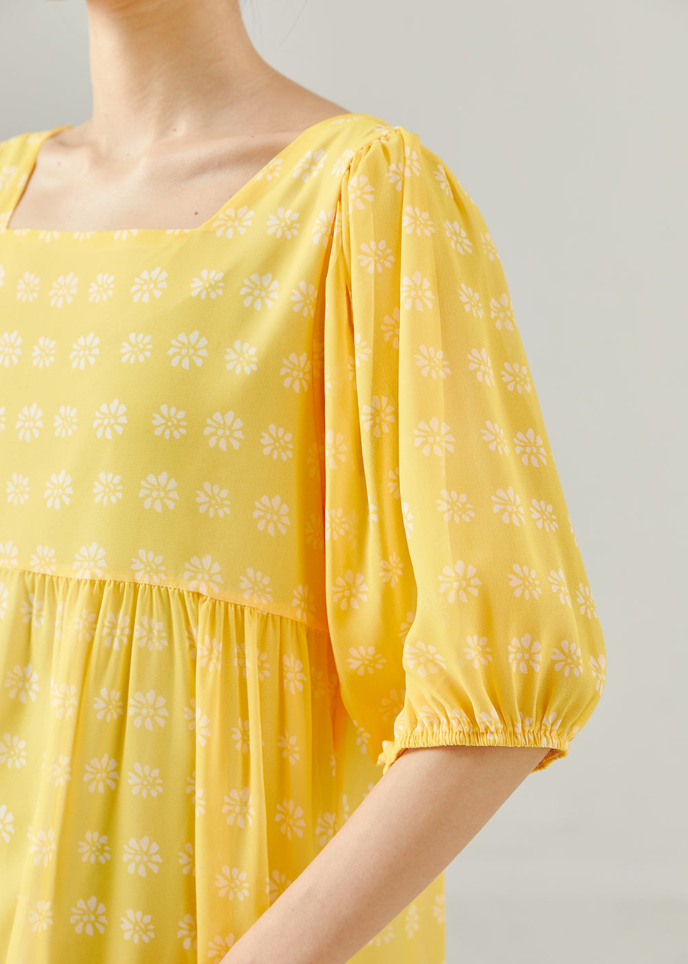 Yellow Square Collar Print Cotton Tea Dress Summer