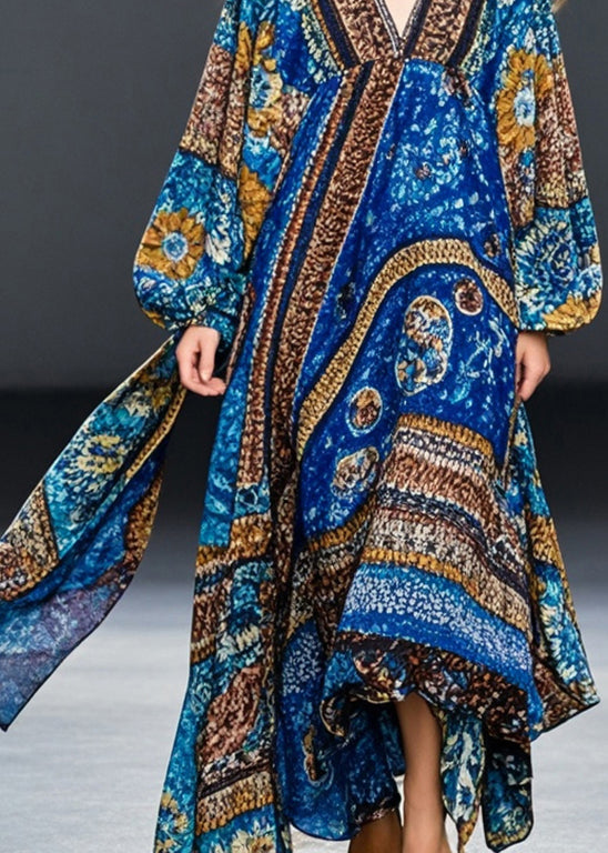 Blue Oversized Print Cotton Maxi Dresses Fall