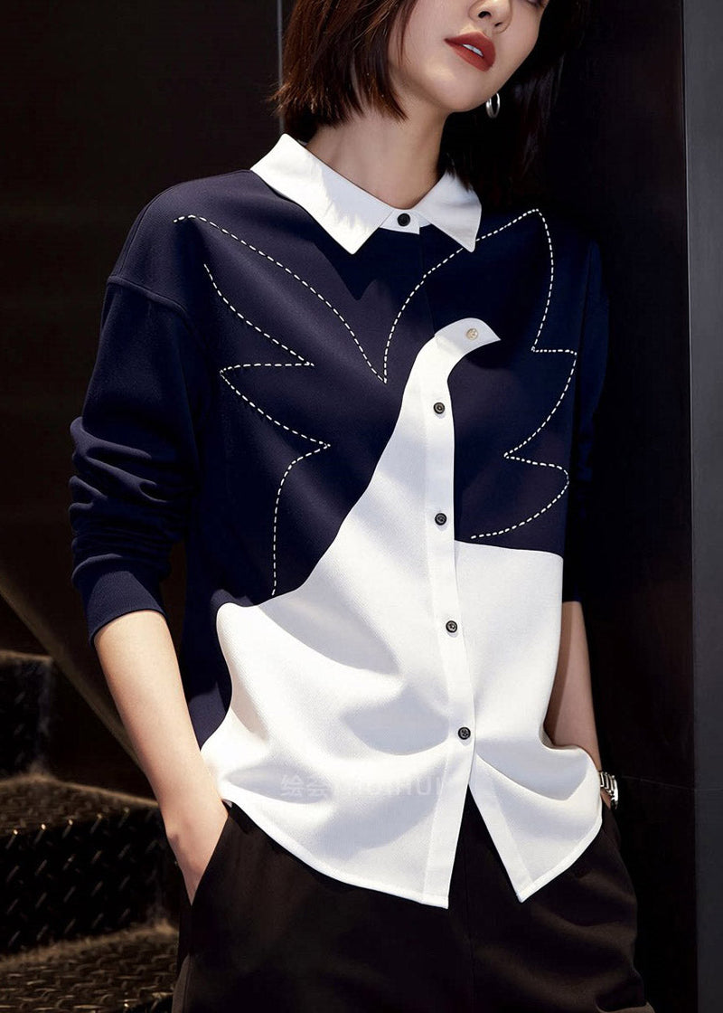 Stylish Colorblock Peter Pan Collar Button Shirt Spring