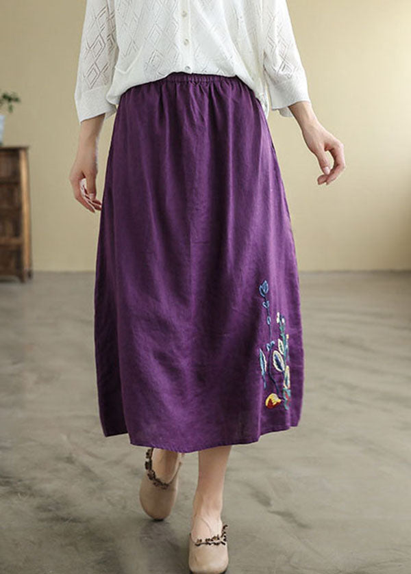 Black Elastic Waist Embroidered Linen a Line Skirts Spring