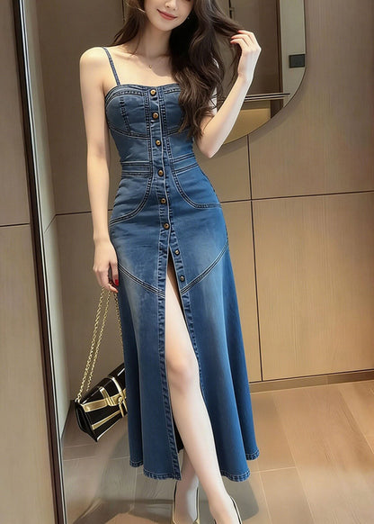 French Blue Side Open Denim Spaghetti Strap Dress Summer