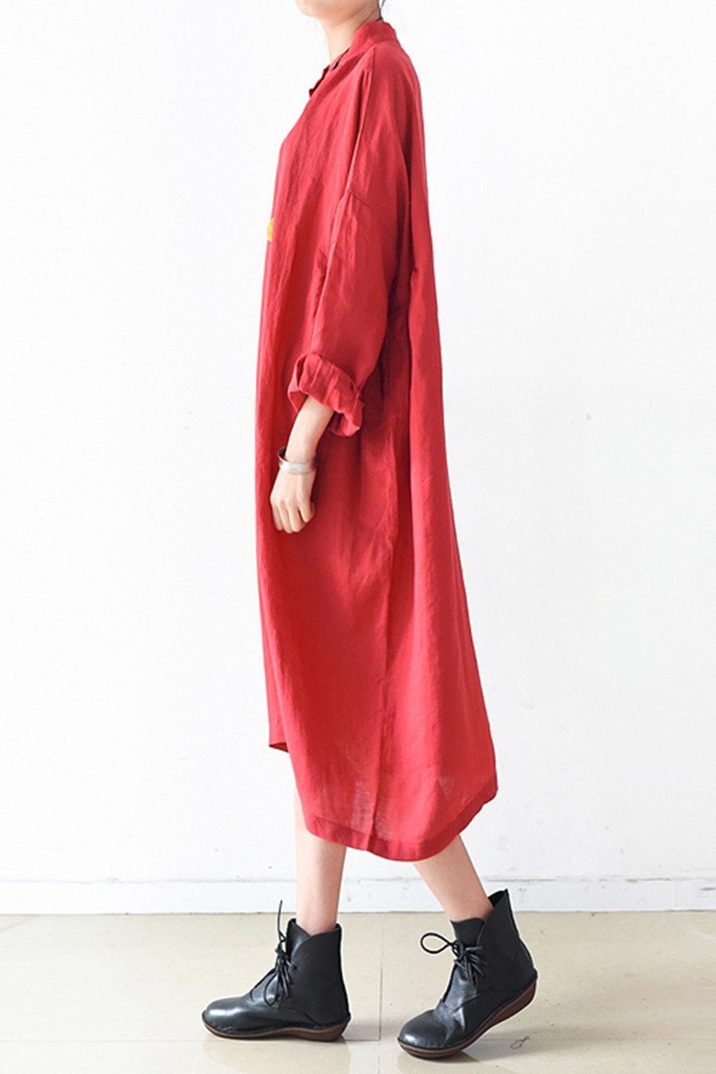Red Loose Fitting Gown Single Breasted Large Size Maxi Dress Long Shirt Dress