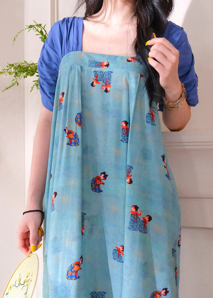 Brief Blue Square Collar Print Long Dresses Pajama Short Sleeve