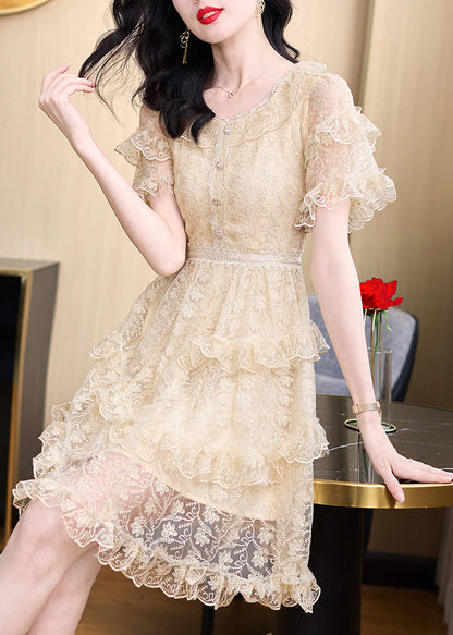 Khaki Embroidered Ruffled Lace Mid Dress Summer