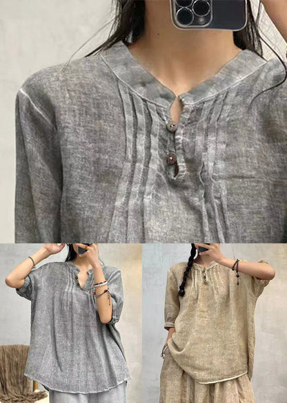 Grey Button Cotton Shirts Stand Collar Half Sleeve