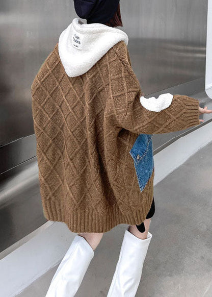 Unique Chocolate Hooded Patchwork Pockets Fall Sweaters Coat