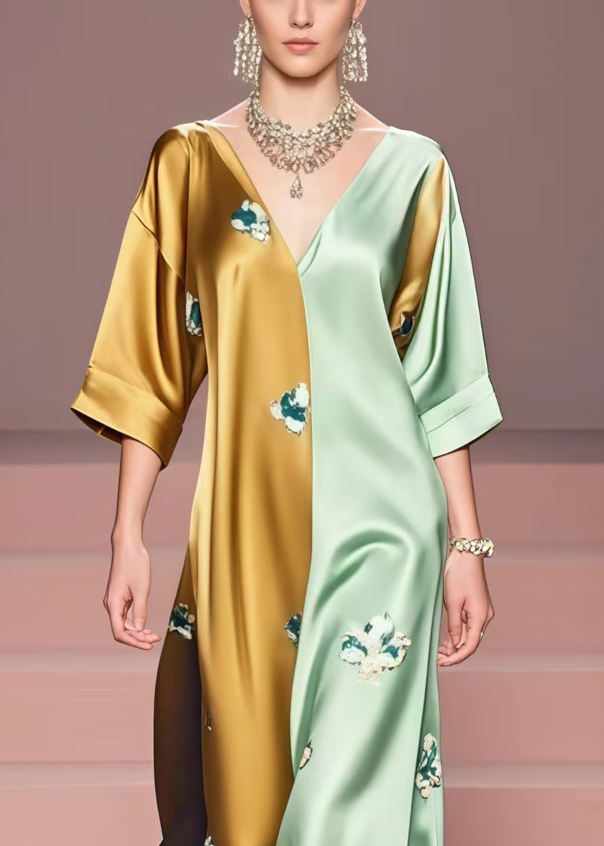 Colorblock Print Patchwork Silk Ankle Dress Summer
