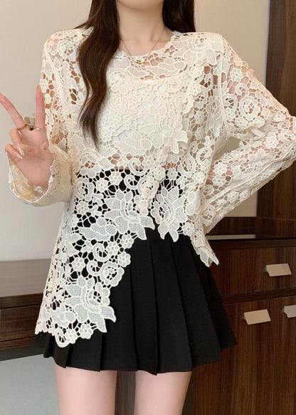 Black O-neck Asymmetrical Lace Upf 50+ Coat Spring