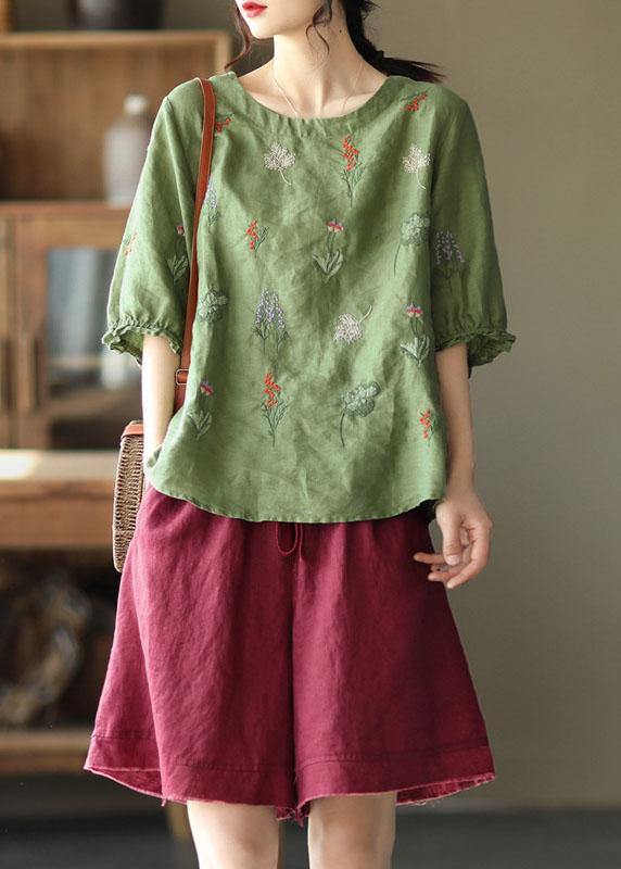 Pink O-neck Embroidered Summer Ramie Blouses Half Sleeve