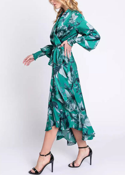 Green V Neck Print Lace Up Cotton Long Dresses Long Sleeve