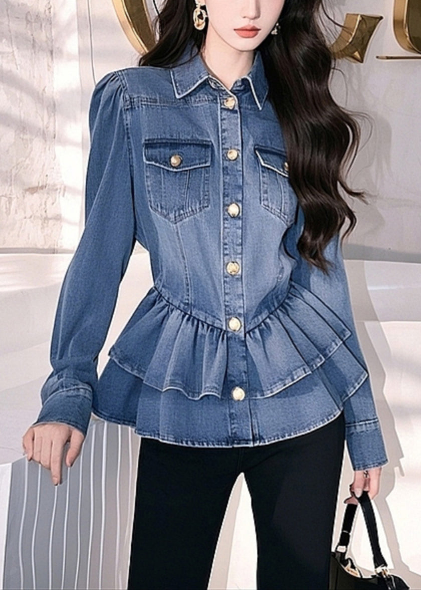 Original Design Blue Peter Pan Collar Button Denim Top Spring