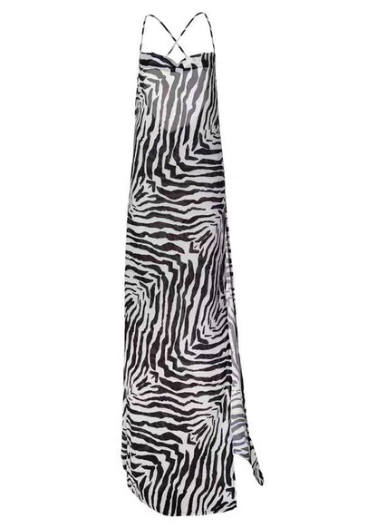 French Striped Print Side Open Cotton Spaghetti Strap Dress Sleeveless