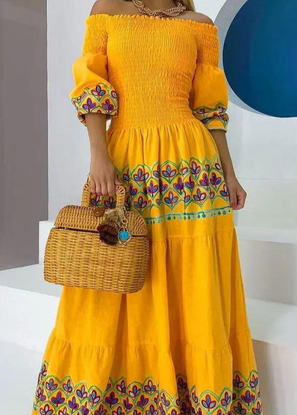 Yellow Slash Neck Print Cotton Maxi Dresses Summer