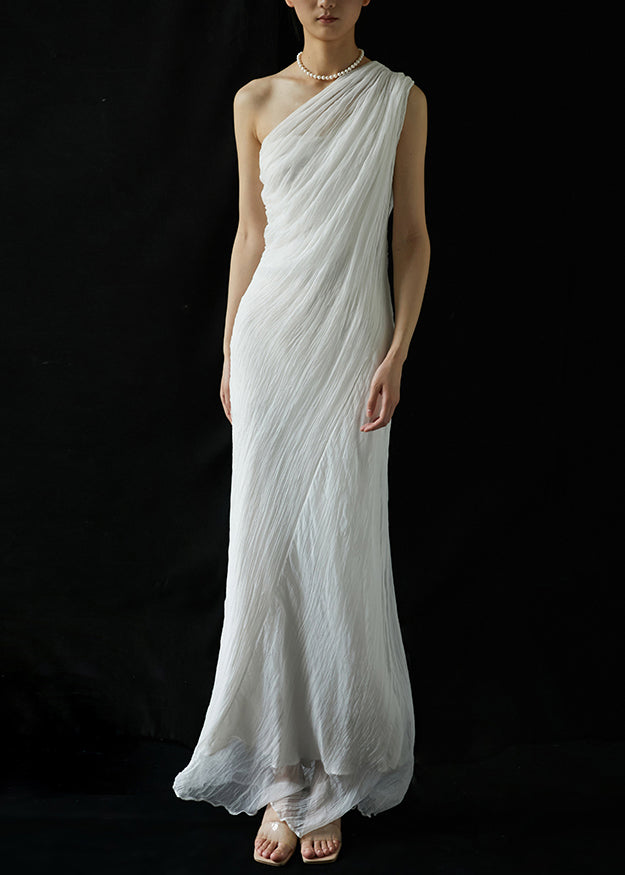 White One-shoulder Wrinkled Silk Long Dresses Summer
