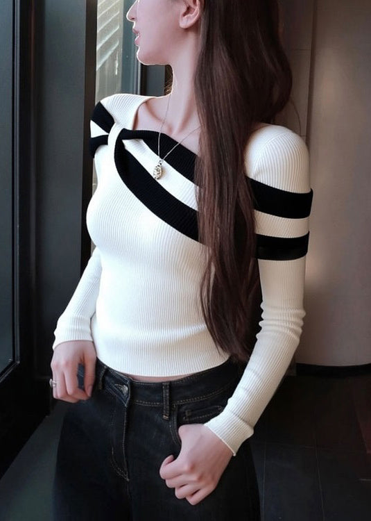 Slim Fit White Striped Patchwork Knit Sweaters Spring