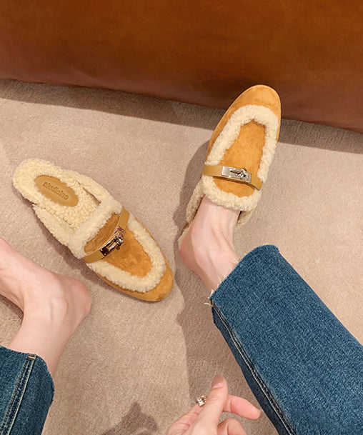 Yellow Slippers Shoes Splicing Fuzzy Wool Lined