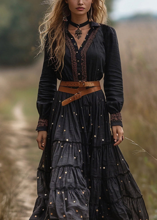 Black Wrinkled Patchwork Cotton Long Dresses Fall