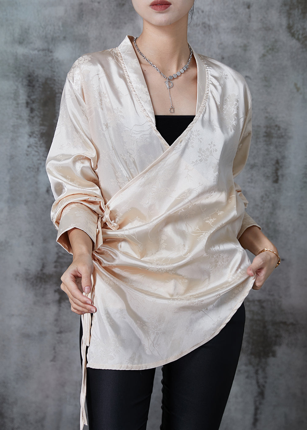 Champagne Jacquard Asymmetrical Design Silk Shirt Tops Fall