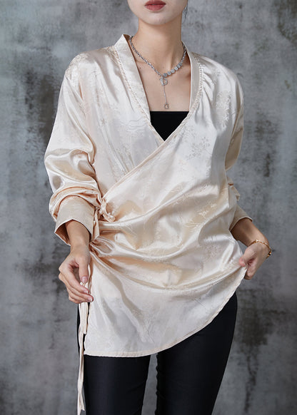 Champagne Jacquard Asymmetrical Design Silk Shirt Tops Fall