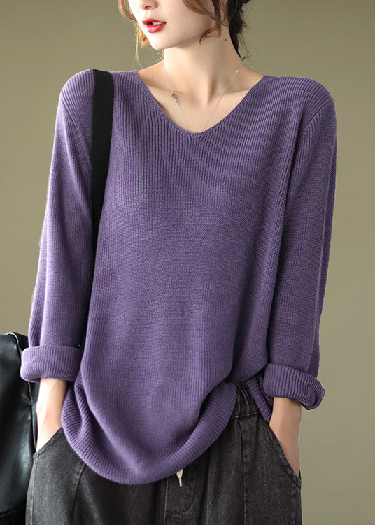 Purple V Neck Patchwork Knitting Cotton Tops Long Sleeve