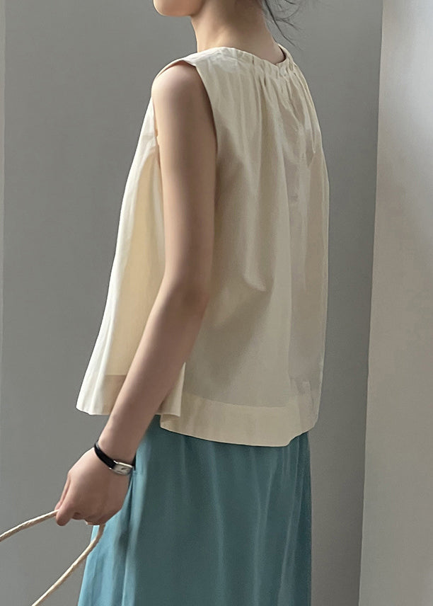 Beige Button Cotton Tops O-neck Summer