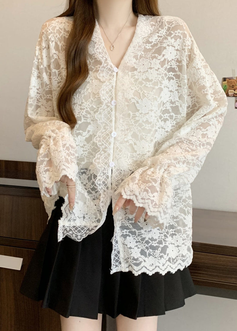 Beige V Neck Button Lace Shirt Flare Sleeve