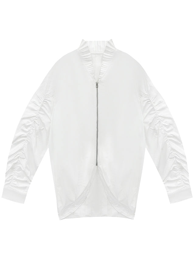 French White Stand Collar Cinched Patchwork Zippered Shirt Batwing Sleeve